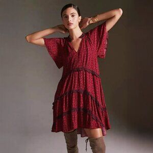 By Anthropologie Robin Tiered Mini Dress in Red large